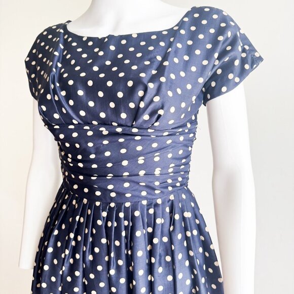 Vintage Silk Navy Blue White Polka Dot Short Sleeve Dress XS - Picture 7 of 8